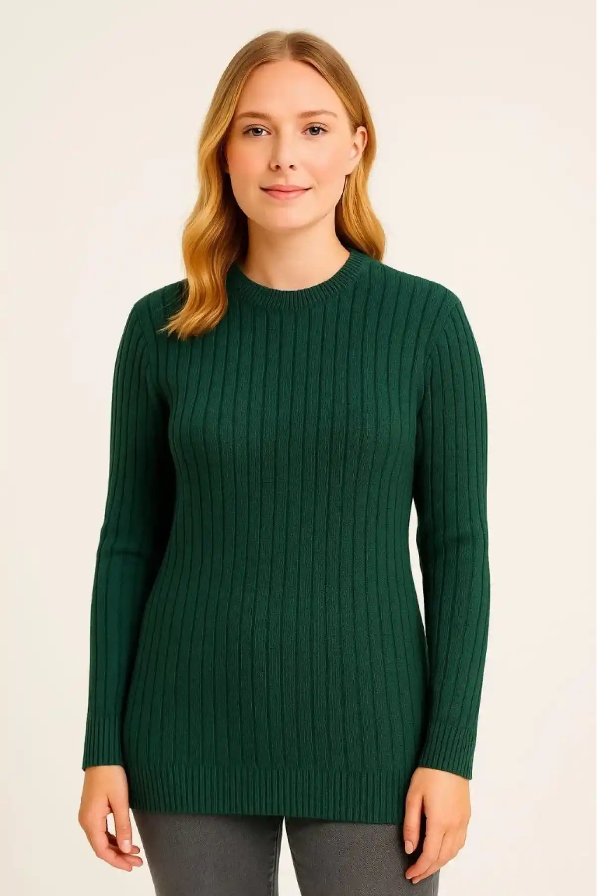 Kadın Bisiklet Yuvarlak Yaka Triko Kazak Pamuklu Kalın Fitilli Dokuma Regular Fit - Haki