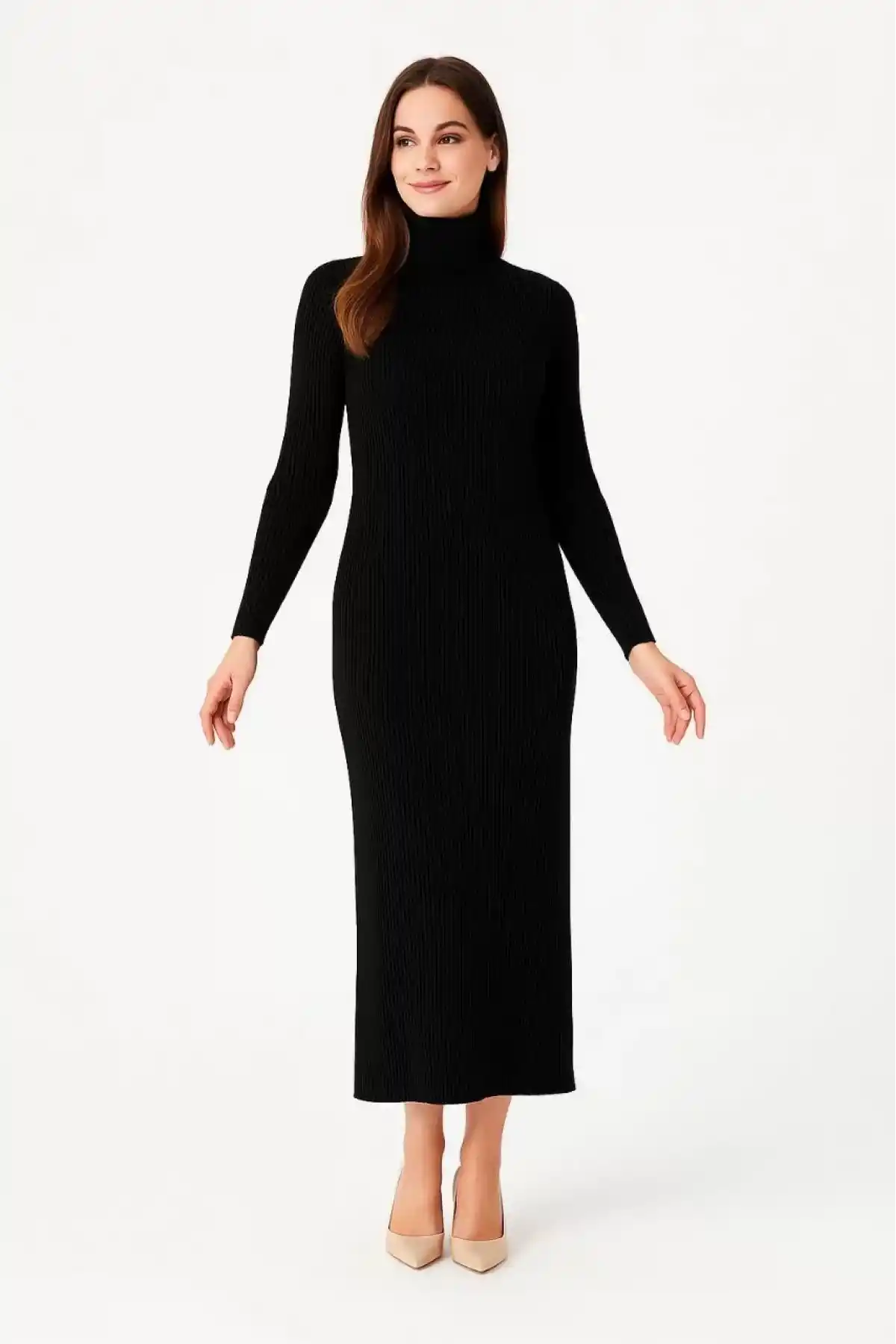 Kadın Boğazlı Triko Elbise – Uzun Fitilli Esnek Dokuma, Tam Kalıp, Kışlık & Baharlık Şık Rahat Stil, 130 cm Midi Boy Elbise - Siyah