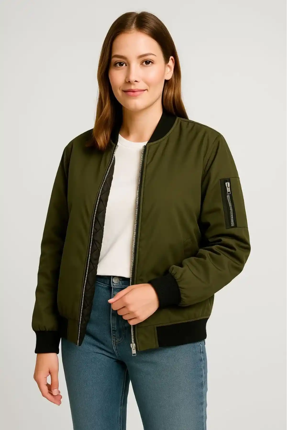 Kadın Bomber Mont Ceket – Fermuarlı, Kapitone İçi Astarlı, Su İtici Kumaş, Regular Fit, Yandan Cepli, Günlük Bahar & Kış Şık Rahat Stil - Haki