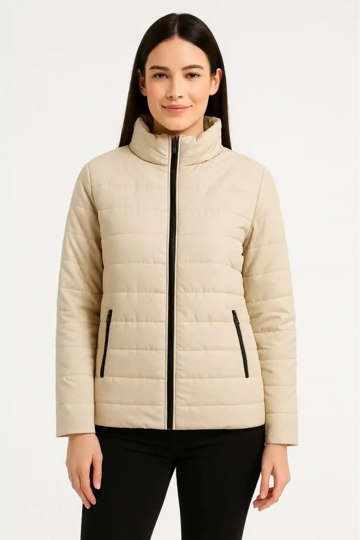 Kadın Bomber Mont Ceket – Su İtici Kumaş, Kapitone Astarlı, Fermuarlı, Kışlık - Bej