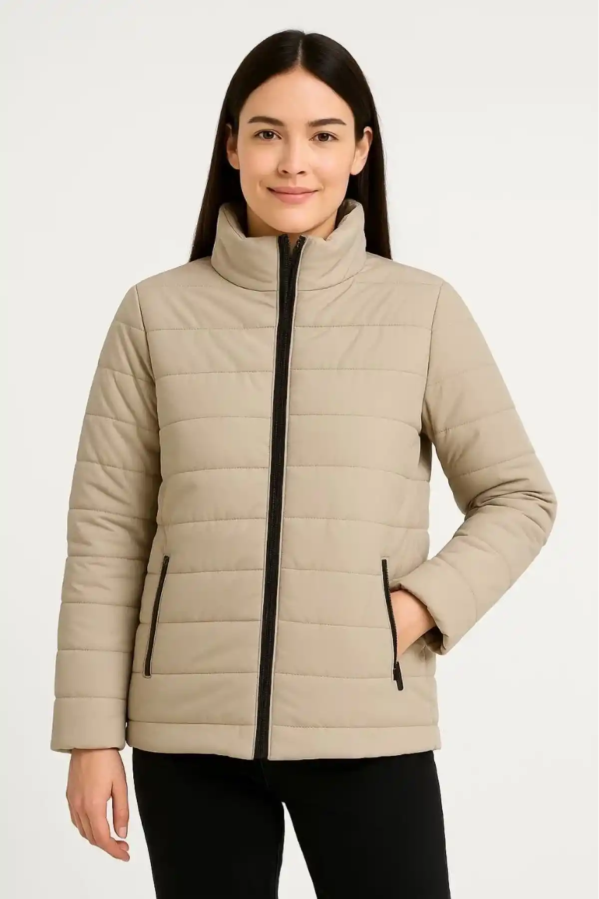 Kadın Bomber Mont Ceket – Su İtici Kumaş, Kapitone Astarlı, Fermuarlı, Kışlık - Bej