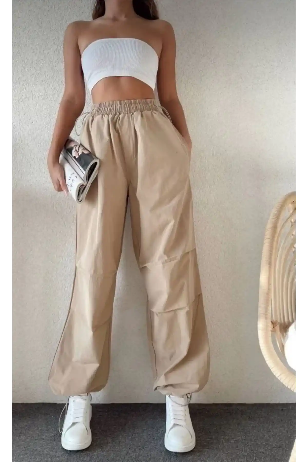Kadın Cepli Paraşut Pantalon - Bej