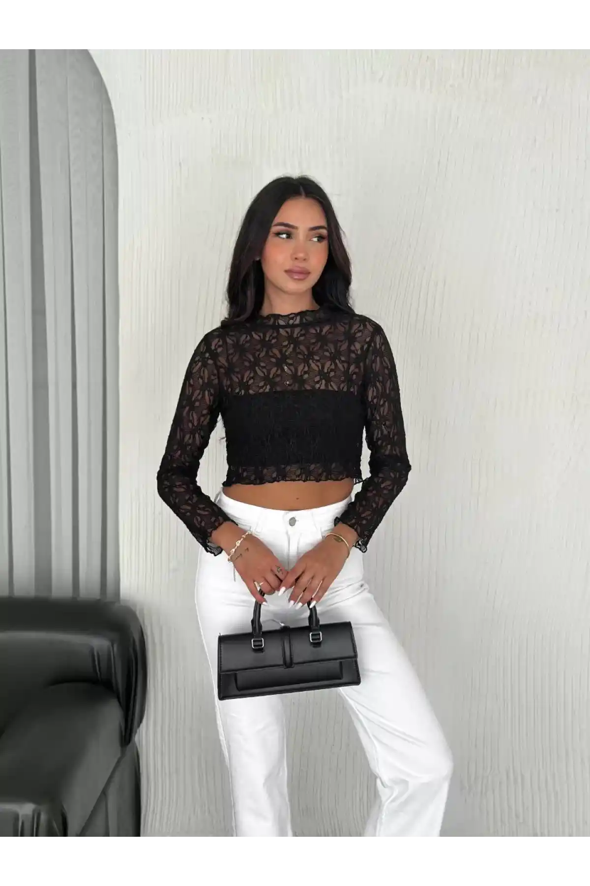 Kadın Dantel Uzun Kol Bluz- Siyah