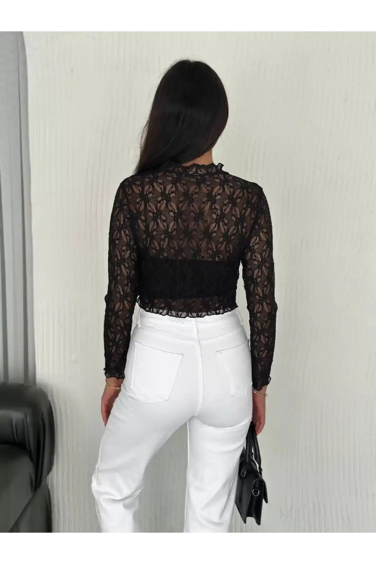 Kadın Dantel Uzun Kol Bluz- Siyah