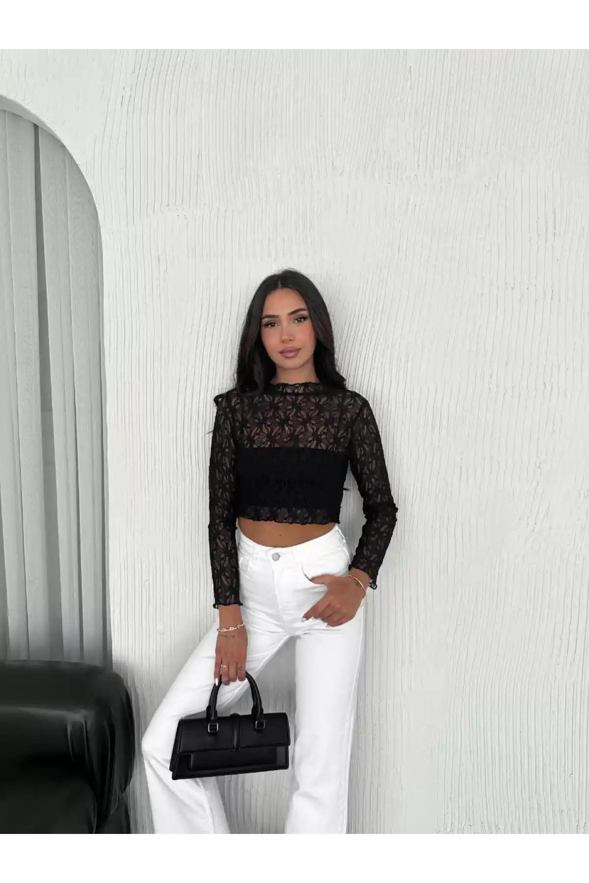 Kadın Dantel Uzun Kol Bluz- Siyah