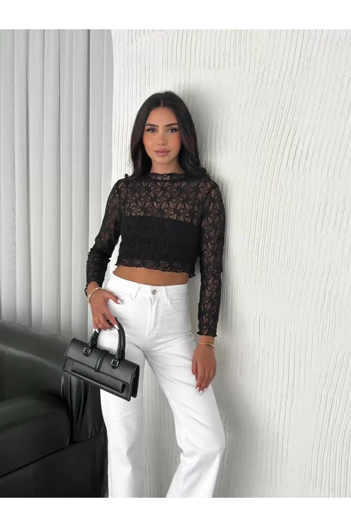 Kadın Dantel Uzun Kol Bluz- Siyah