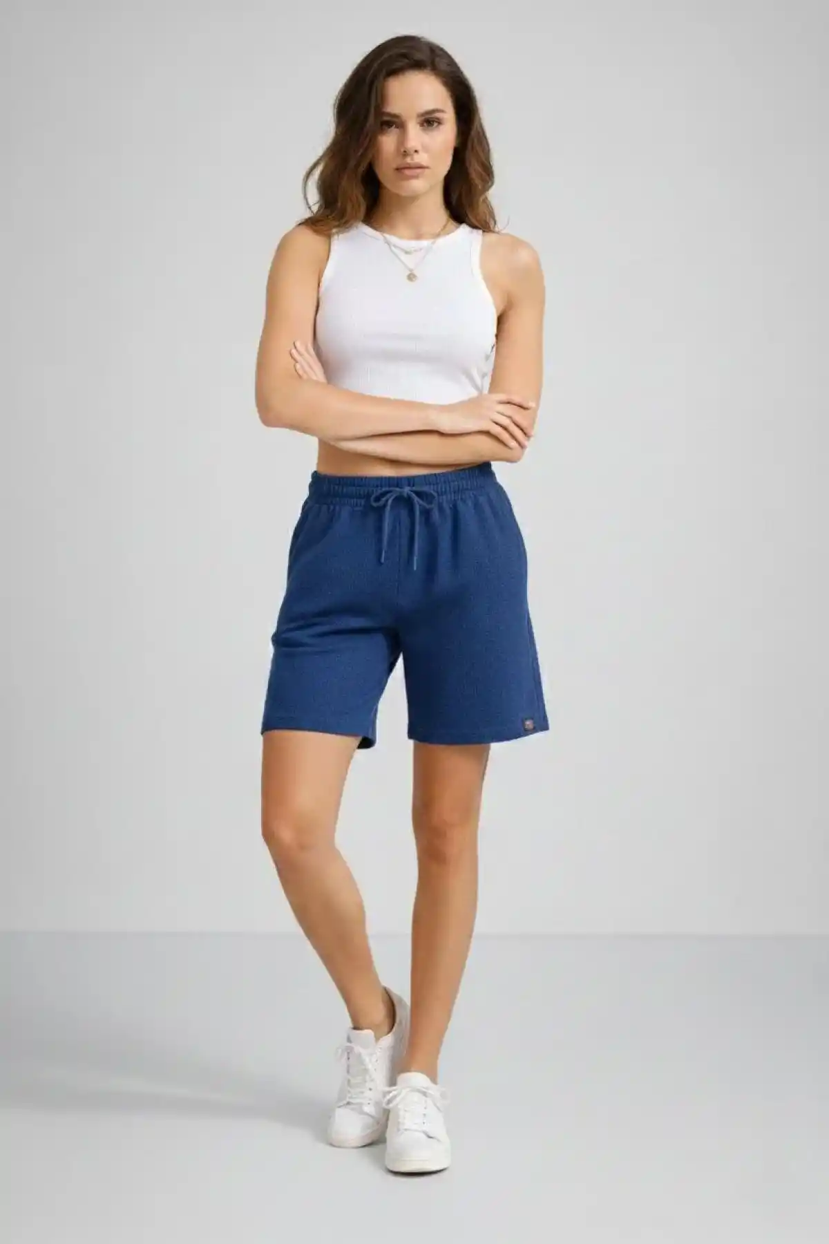 Kadın Dokuma otoban Şort Beli Lastikli Bağcıklı Cepli Kesim Şort - İndigo