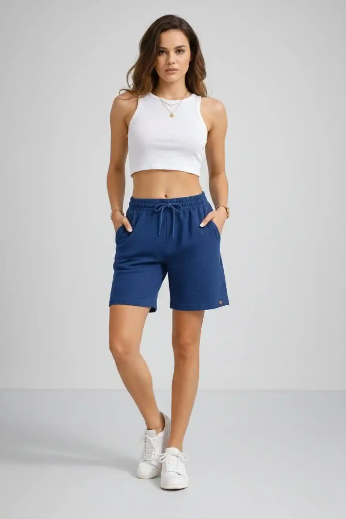 Kadın Dokuma otoban Şort Beli Lastikli Bağcıklı Cepli Kesim Şort - İndigo