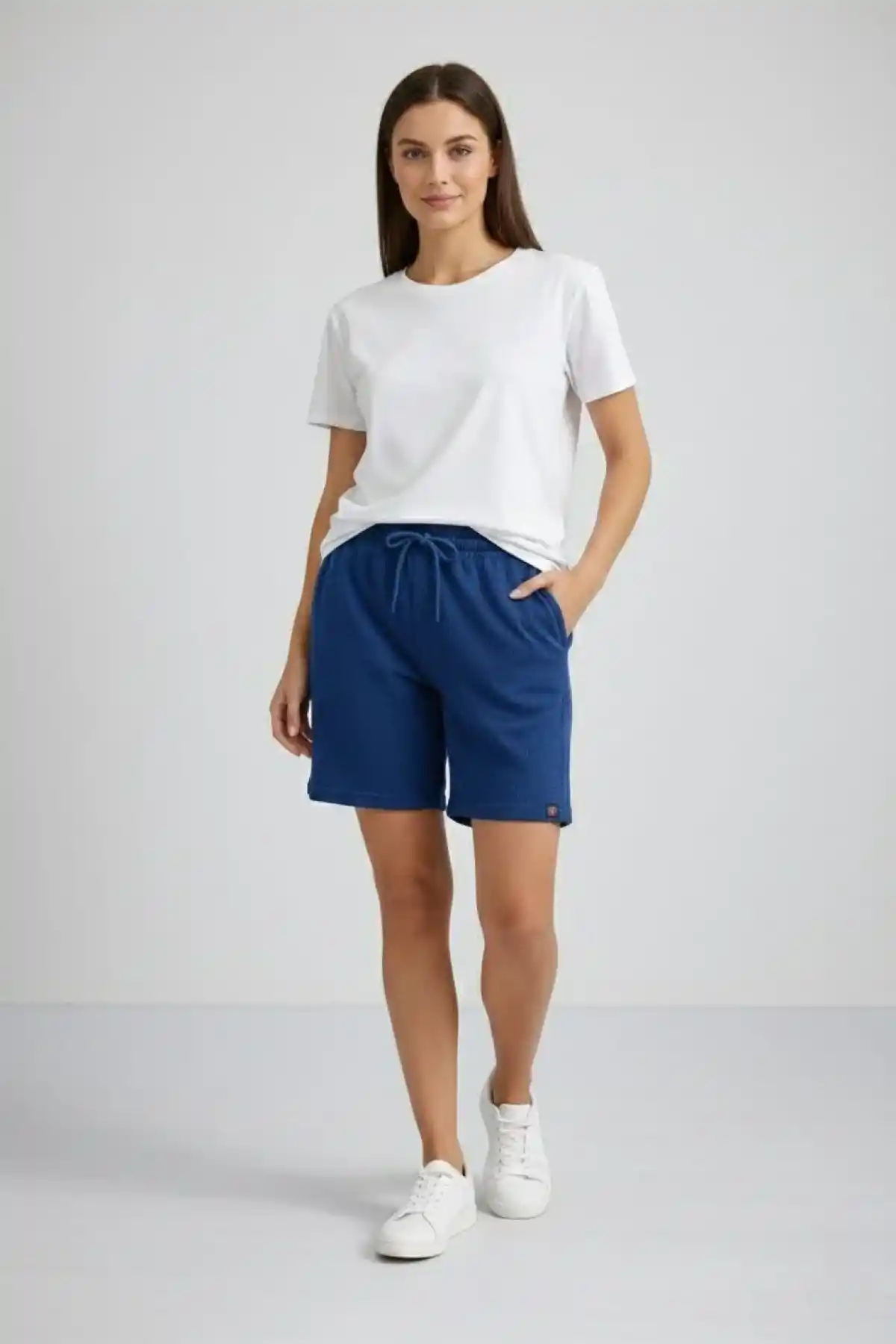 Kadın Dokuma otoban Şort Beli Lastikli Bağcıklı Cepli Kesim Şort - İndigo