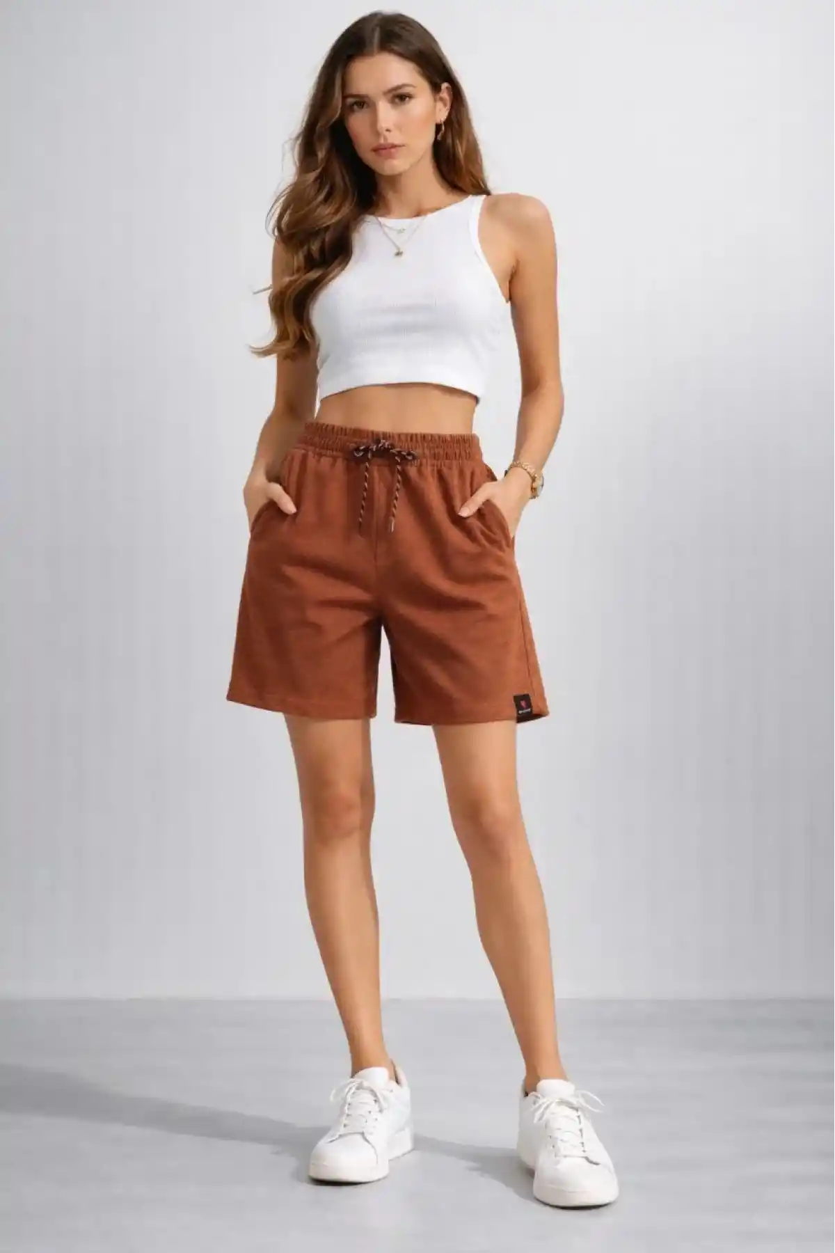 Kadın Dokuma otoban Şort Beli Lastikli Bağcıklı Cepli Kesim Şort - Kahverengi