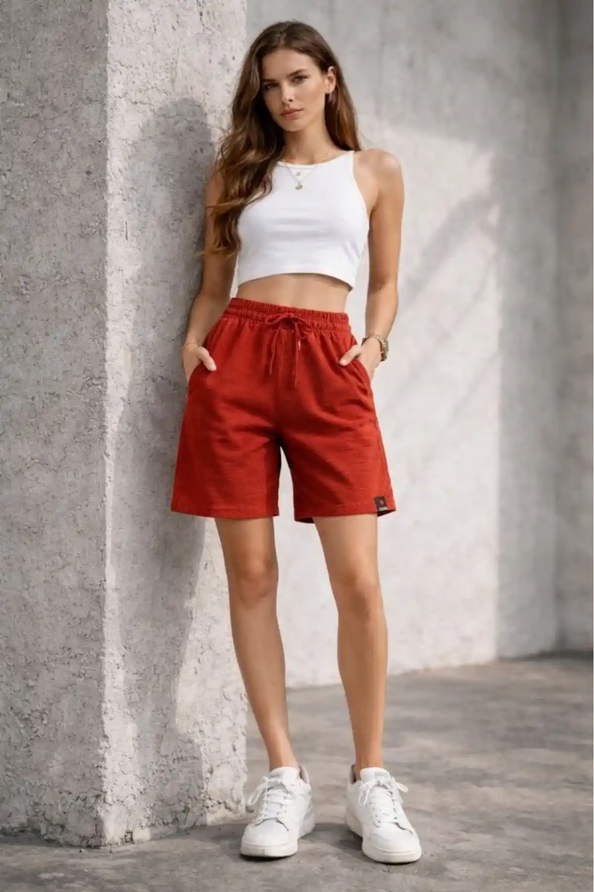 Kadın Dokuma otoban Şort Beli Lastikli Bağcıklı Cepli Kesim Şort - Turuncu