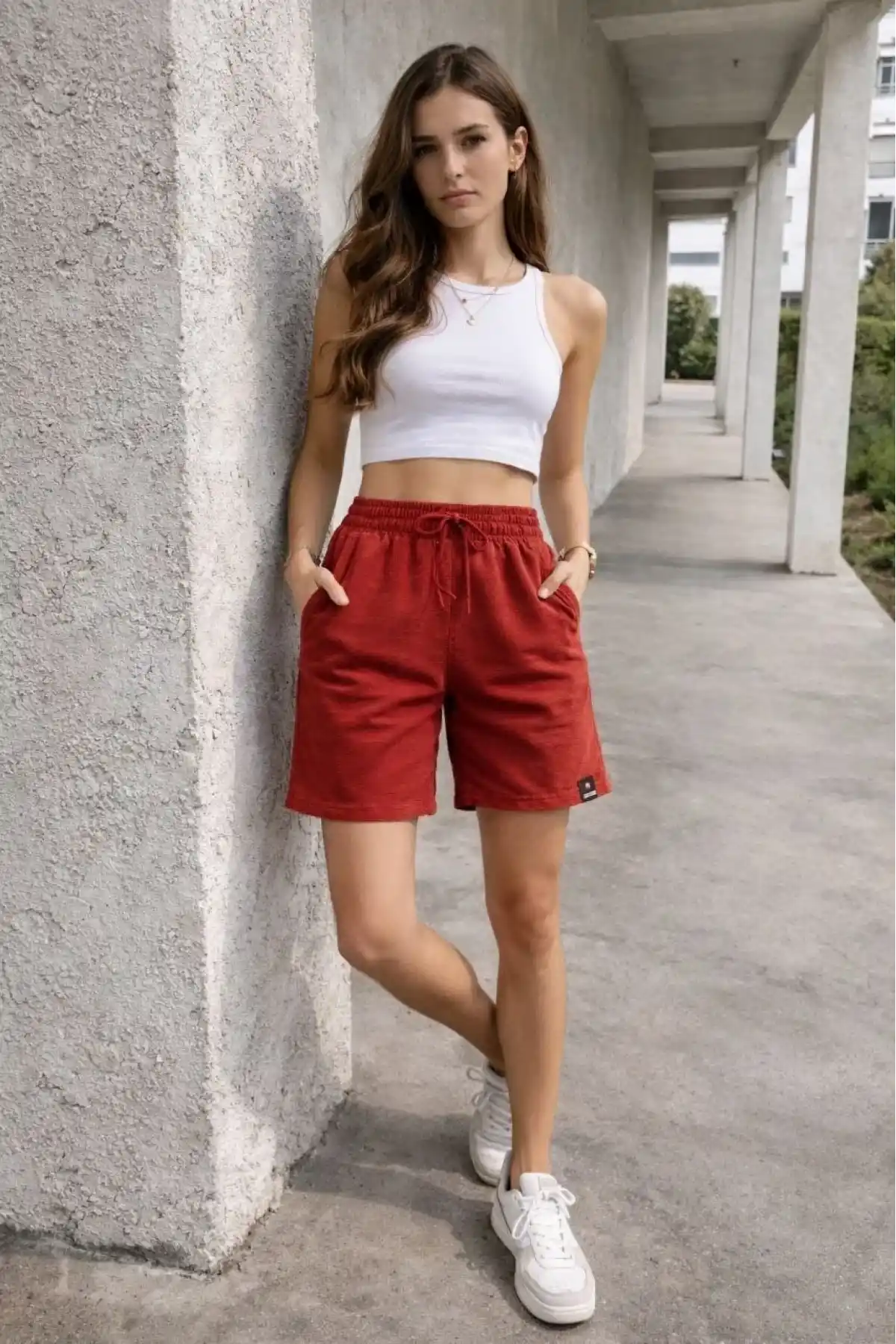 Kadın Dokuma otoban Şort Beli Lastikli Bağcıklı Cepli Kesim Şort - Turuncu