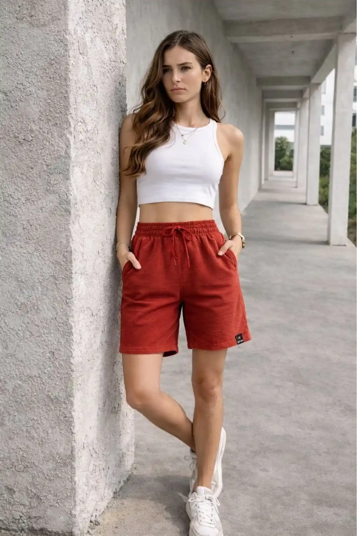 Kadın Dokuma otoban Şort Beli Lastikli Bağcıklı Cepli Kesim Şort - Turuncu