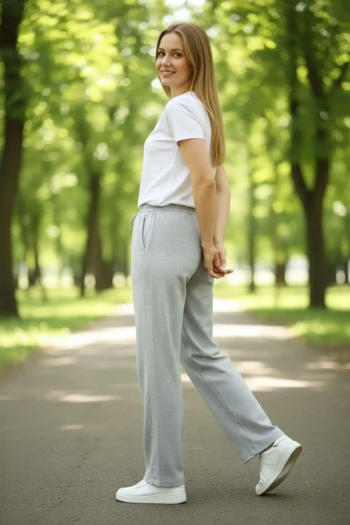 Kadın Düz Paça Beli Lastikli İpli Günlük Spor Eşofman Altı Rahat Fit - Gri