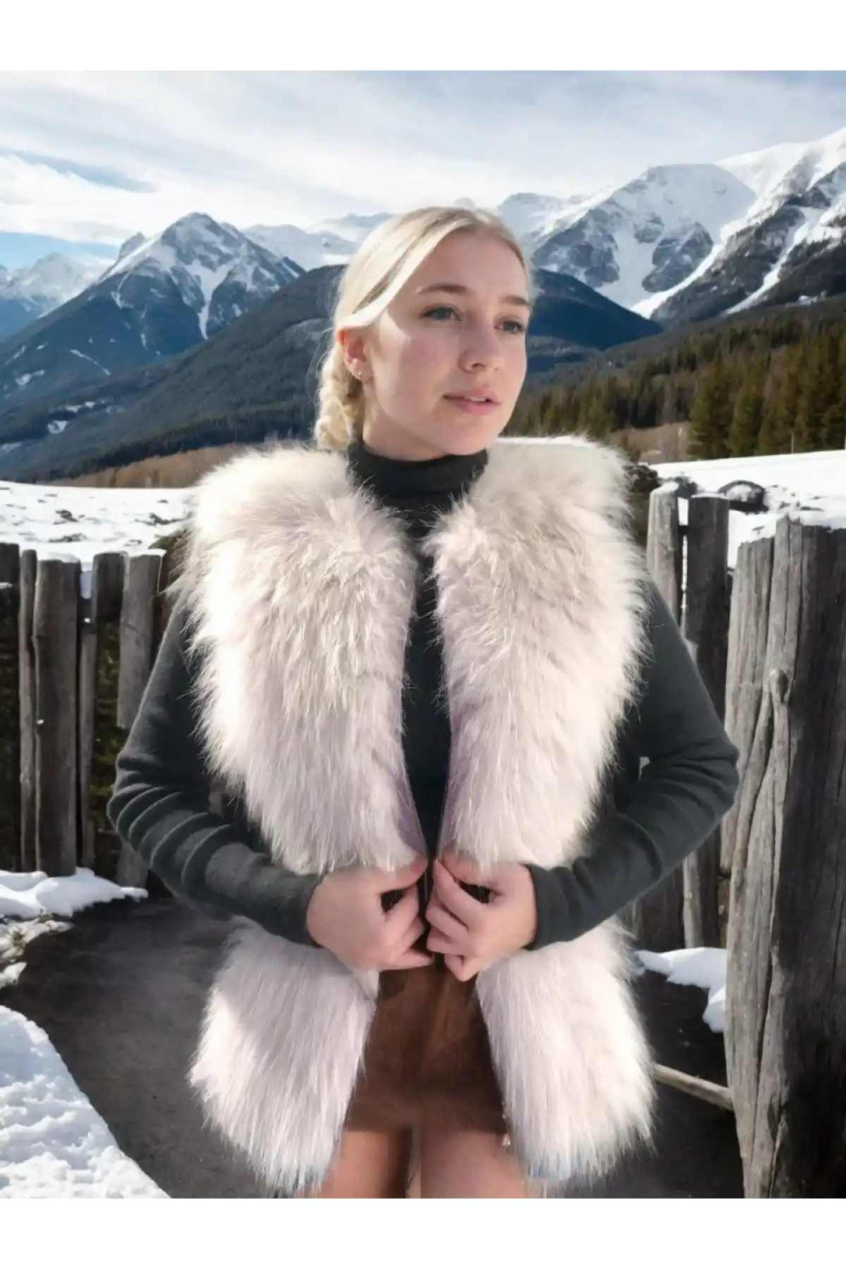 Kadın Fermuarlı Koyun Derisi Tilki Kürkü - Beyaz