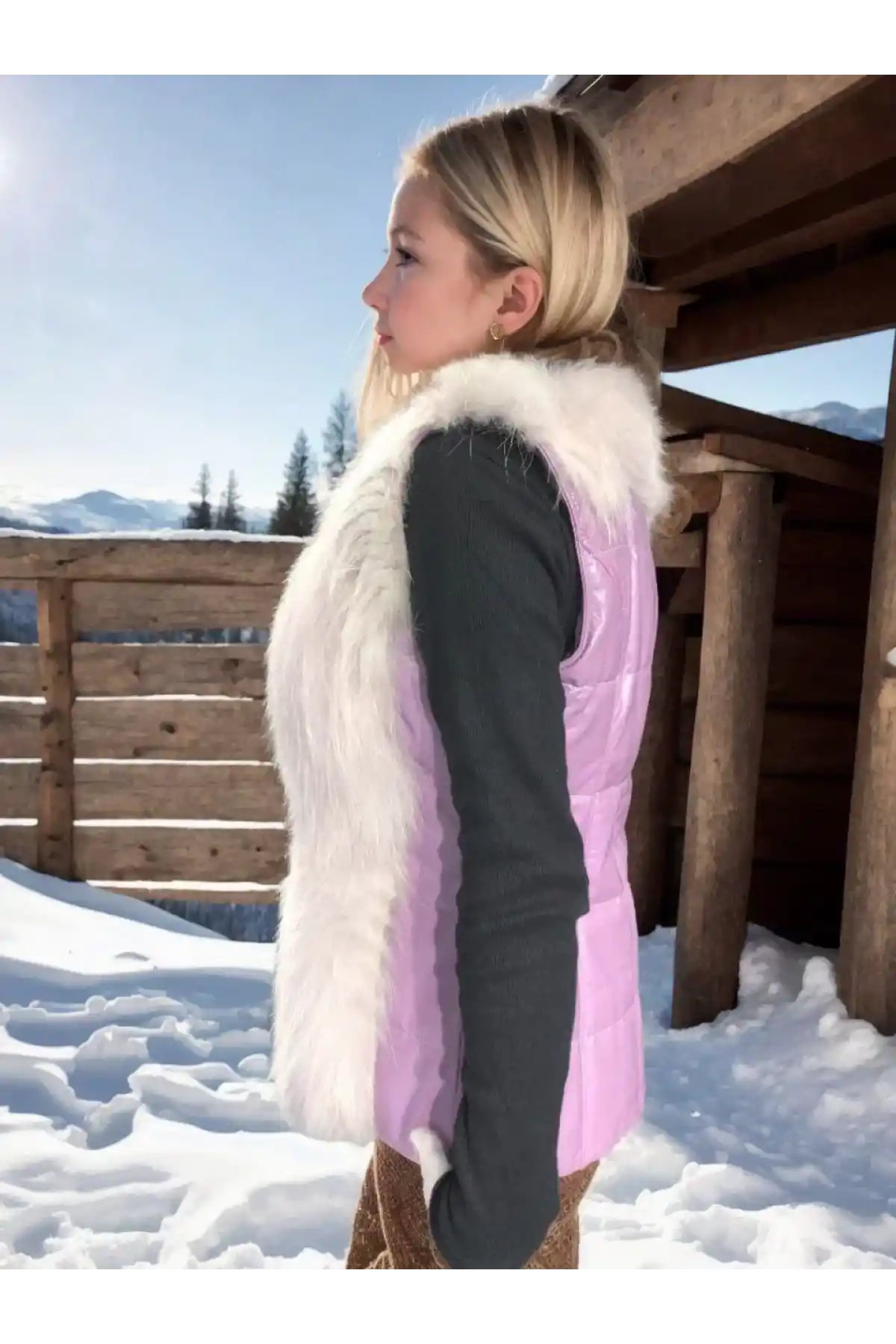 Kadın Fermuarlı Koyun Derisi Tilki Kürkü - Beyaz