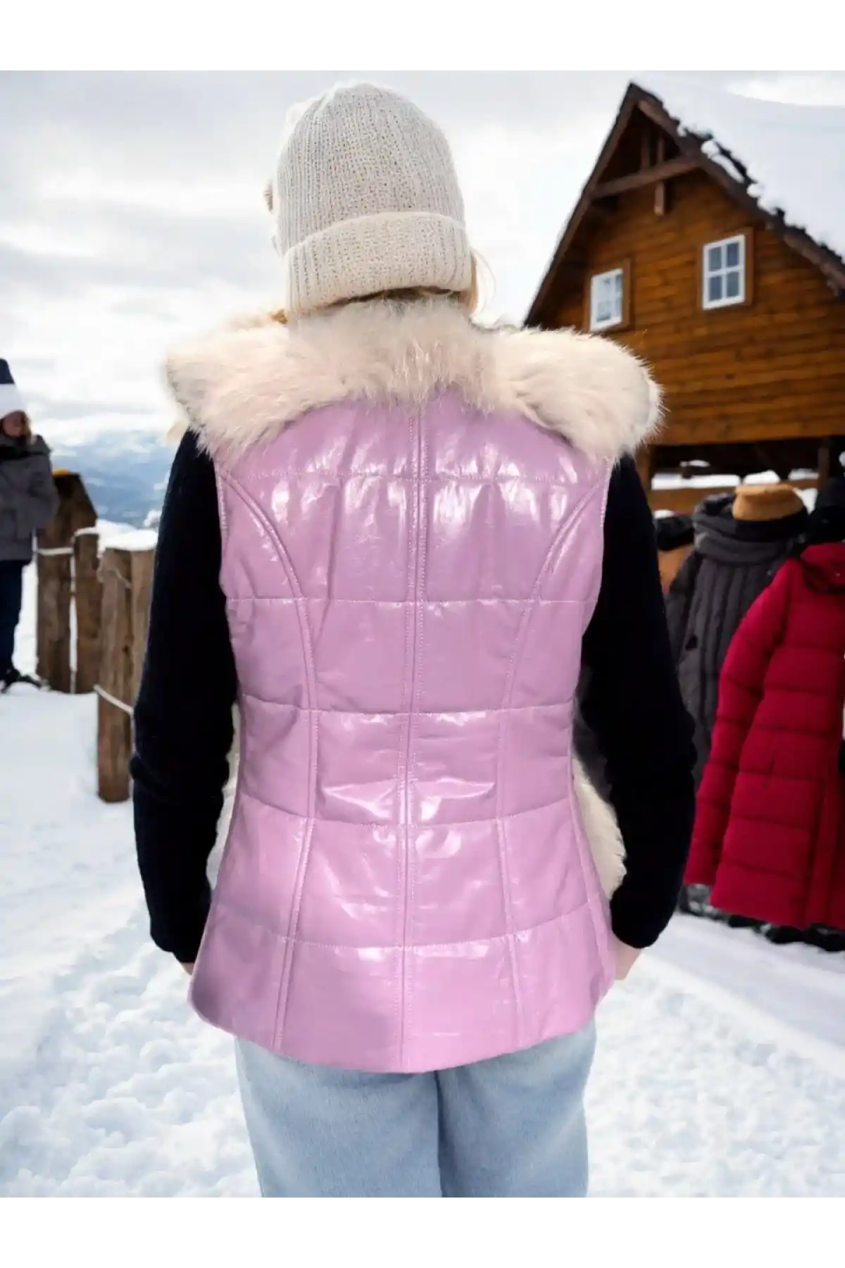 Kadın Fermuarlı Koyun Derisi Tilki Kürkü - Beyaz