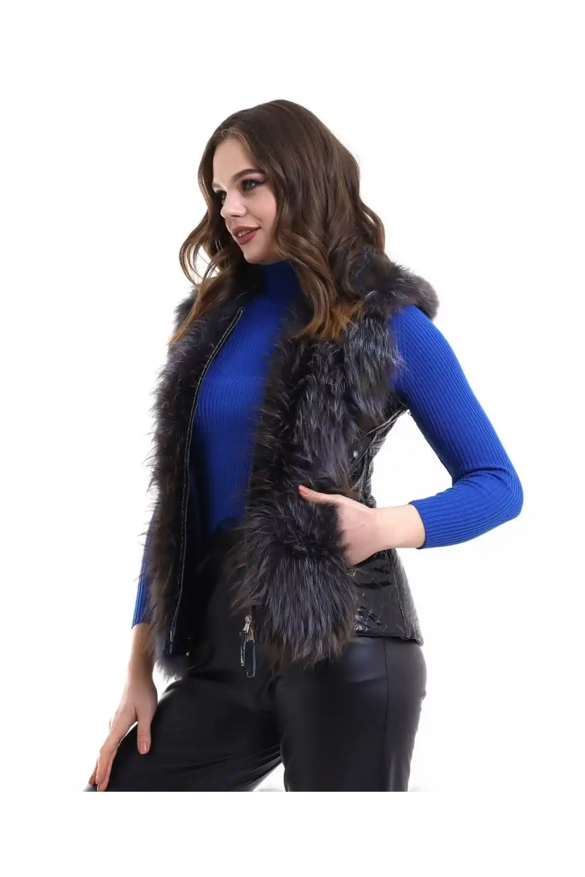Kadın Fermuarlı Koyun Derisi Tilki Kürkü - Siyah