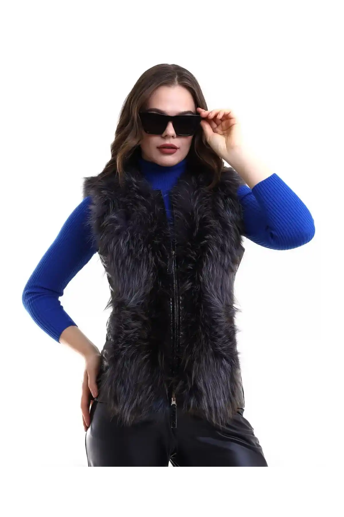 Kadın Fermuarlı Koyun Derisi Tilki Kürkü - Siyah