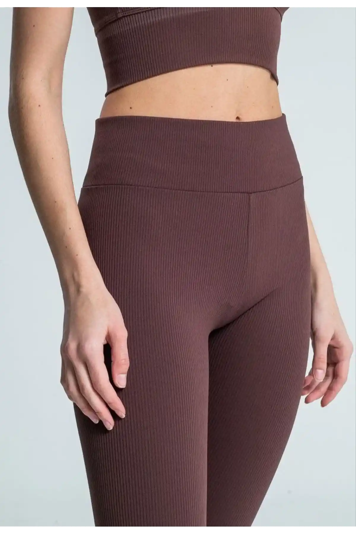 Kadın Fitilli Full Likralı Yüksek Bel Toparlayıcı Tayt Günlük ve Spor Kullanım - Kahverengi