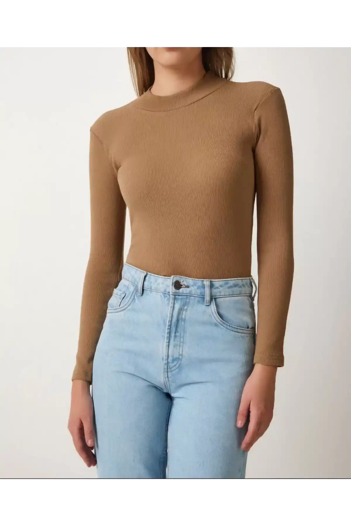 Kadın Full Likralı Fitilli Kaşkorse Body - Kahve