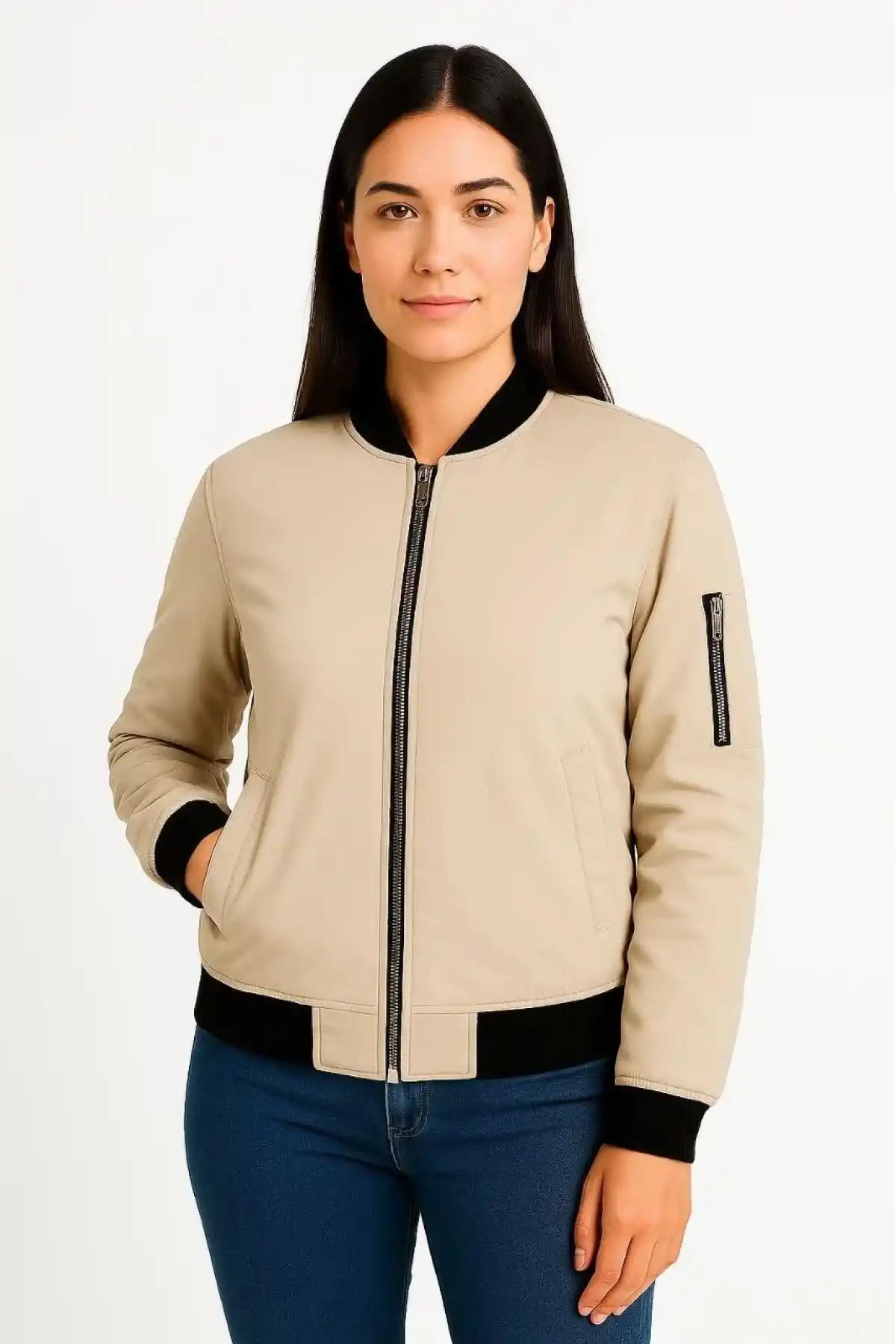 Kadın Bomber Mont Ceket – Fermuarlı, Kapitone İçi Astarlı, Su İtici Kumaş, Regular Fit, Yandan Cepli, Günlük Bahar & Kış Şık Rahat Stil - bej