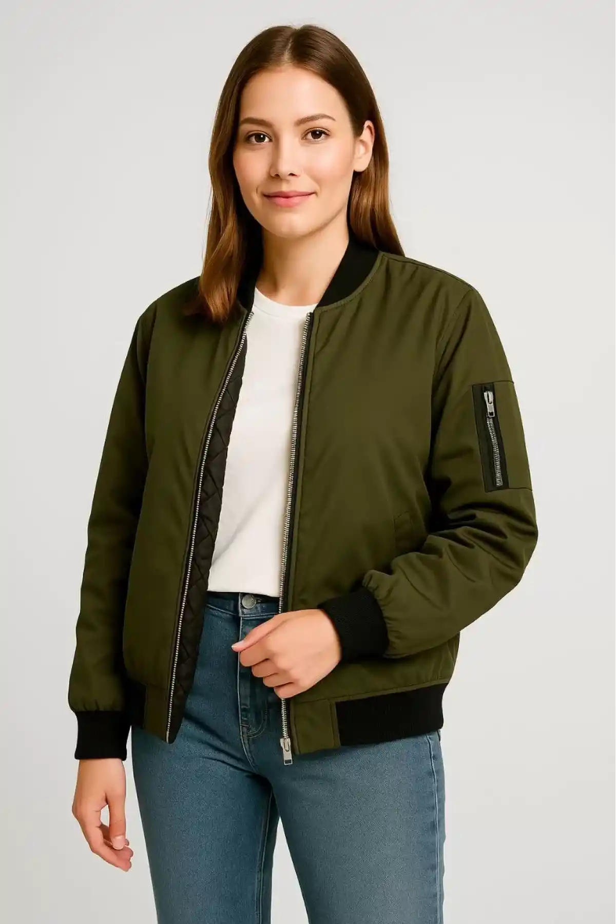 Kadın Bomber Mont Ceket – Fermuarlı, Kapitone İçi Astarlı, Su İtici Kumaş, Regular Fit, Yandan Cepli, Günlük Bahar & Kış Şık Rahat Stil - Haki