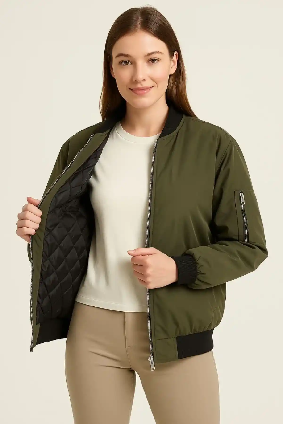 Kadın Bomber Mont Ceket – Fermuarlı, Kapitone İçi Astarlı, Su İtici Kumaş, Regular Fit, Yandan Cepli, Günlük Bahar & Kış Şık Rahat Stil - Haki