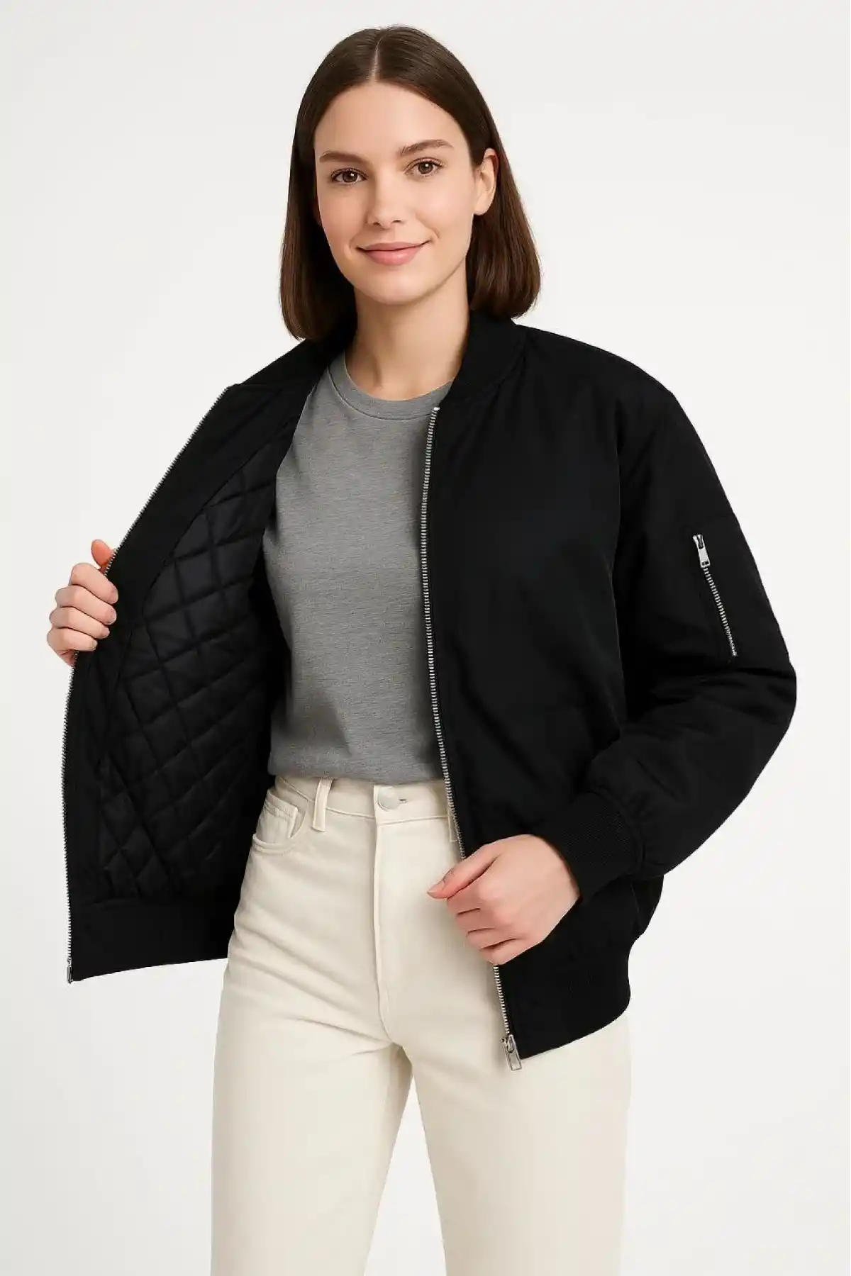 Kadın Bomber Mont Ceket – Fermuarlı, Kapitone İçi Astarlı, Su İtici Kumaş, Regular Fit, Yandan Cepli, Günlük Bahar & Kış Şık Rahat Stil - Siyah