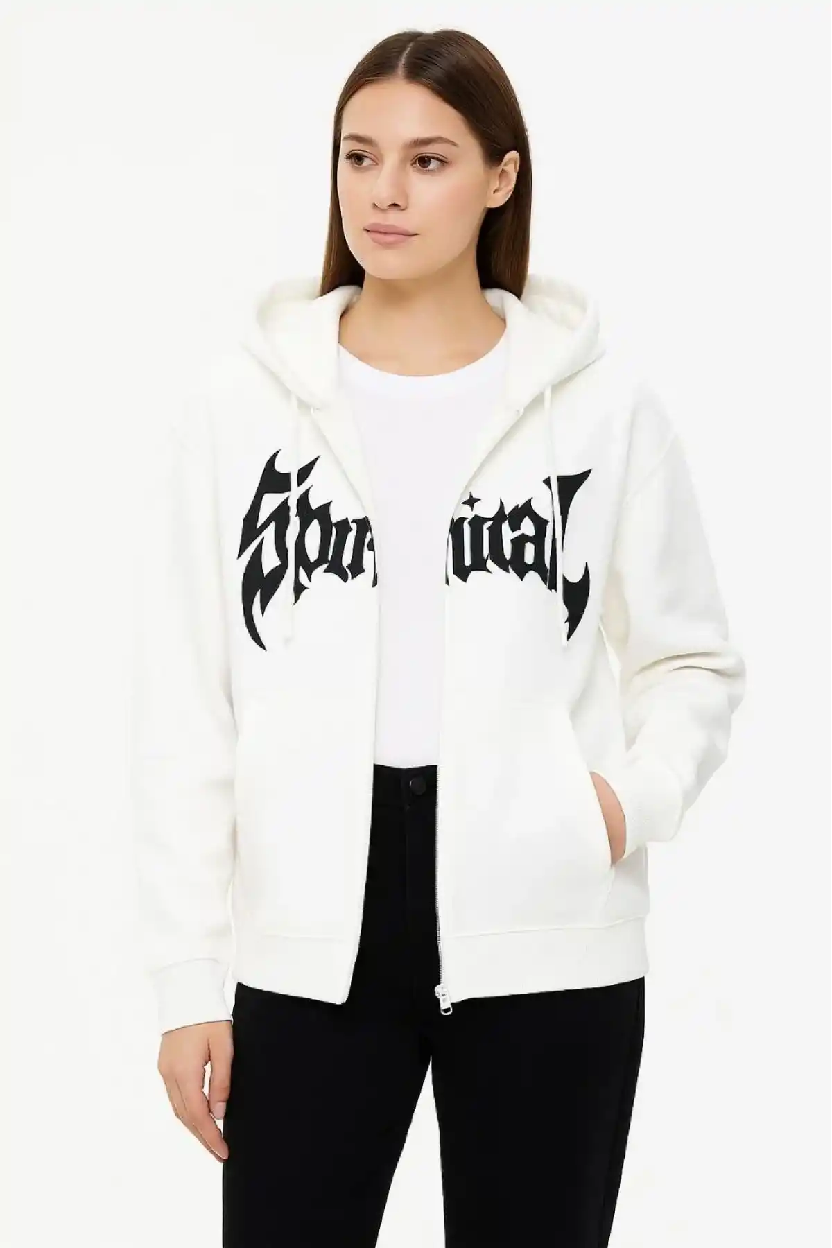 Kadın Kapüşonlu 3 İplik Şardonlu Önü Baskılı Fermuarlı Oversize Sweatshirt - Beyaz