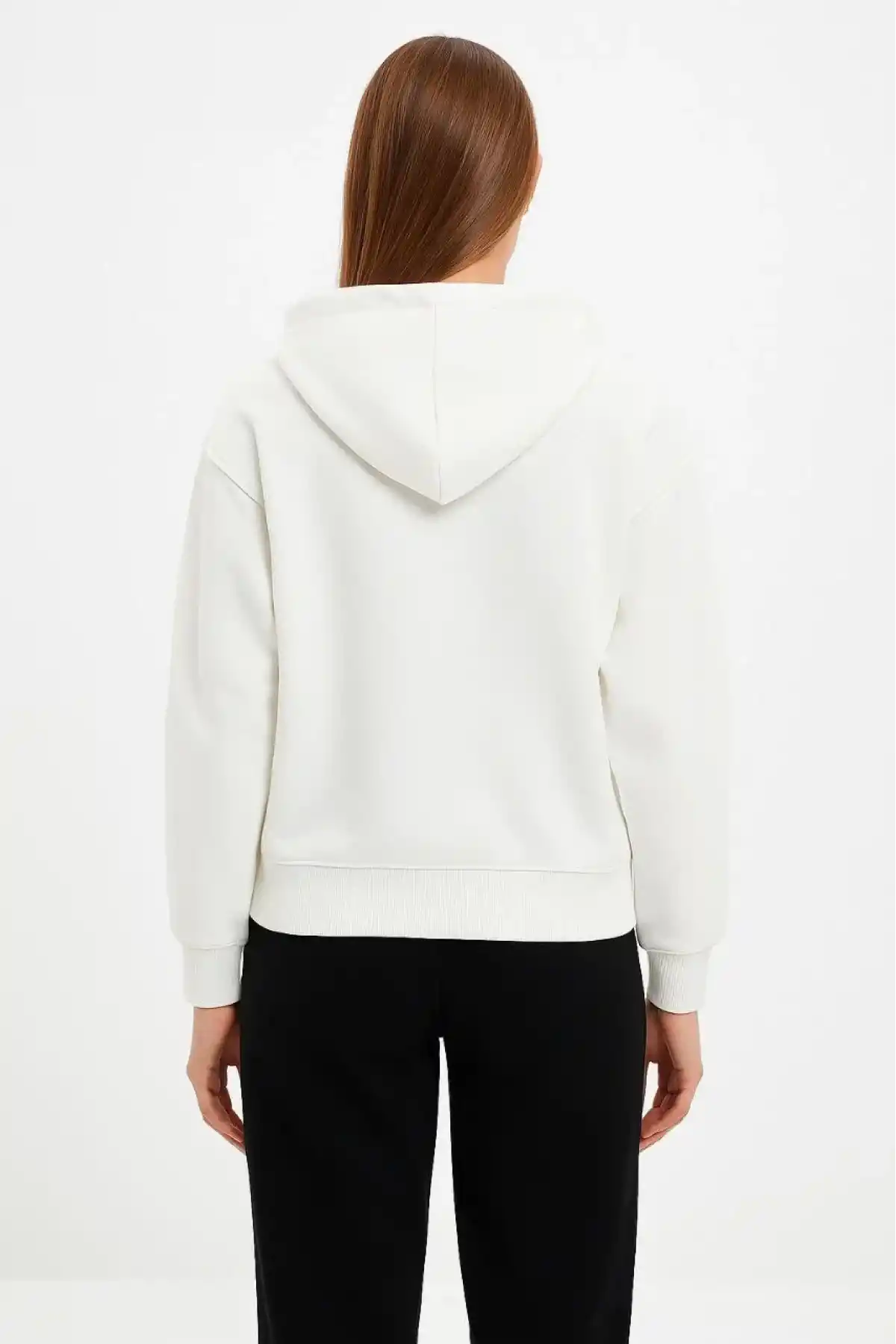 Kadın Kapüşonlu 3 İplik Şardonlu Önü Baskılı Fermuarlı Oversize Sweatshirt - Beyaz