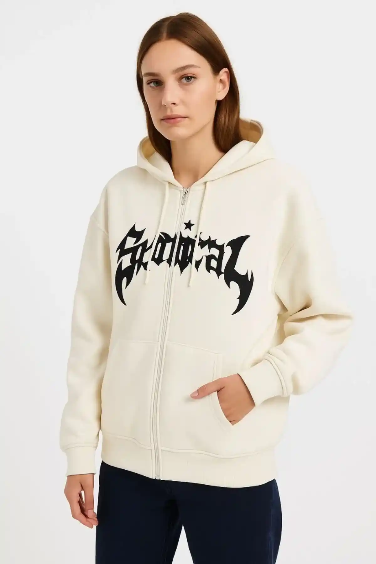 Kadın Kapüşonlu 3 İplik Şardonlu Önü Baskılı Fermuarlı Oversize Sweatshirt - Beyaz