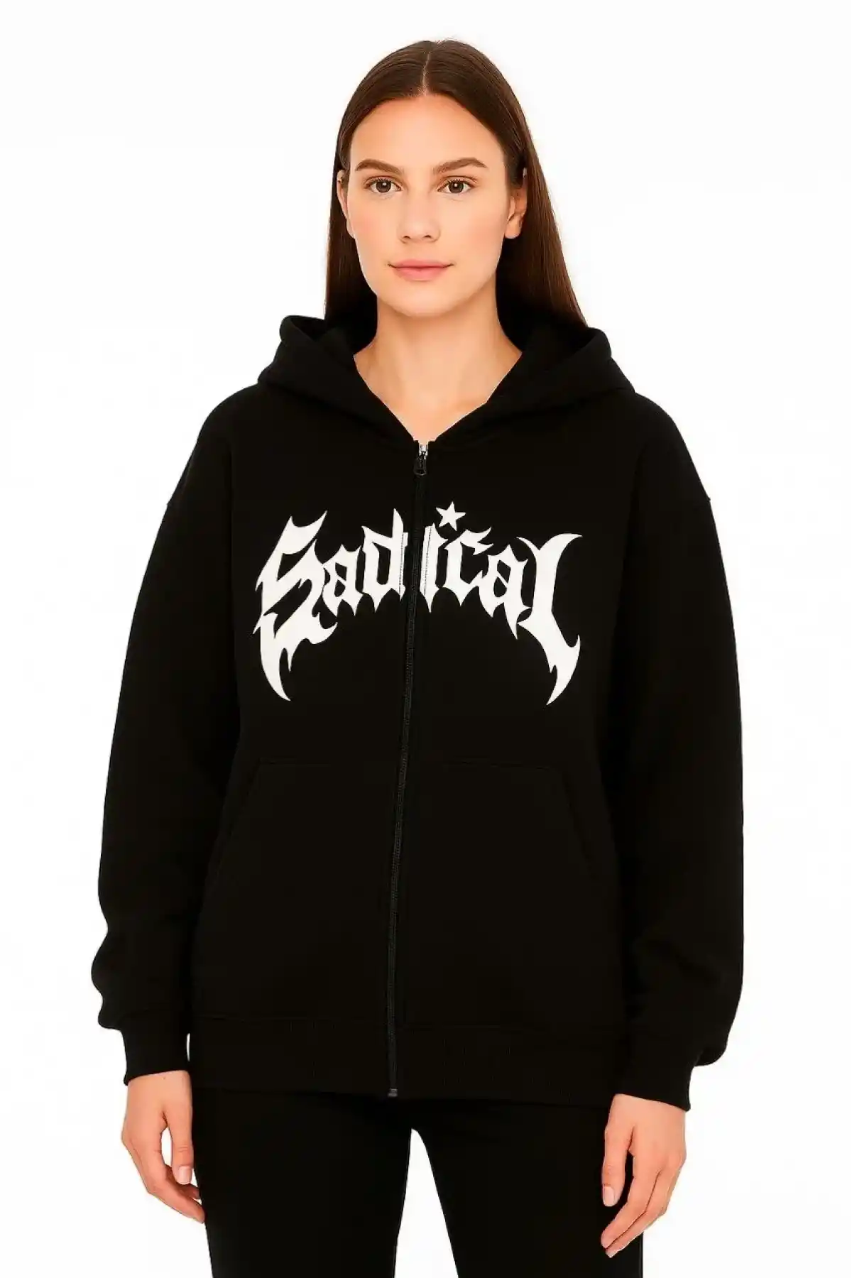 Kadın Kapüşonlu 3 İplik Şardonlu Önü Baskılı Fermuarlı Oversize Sweatshirt - Siyah