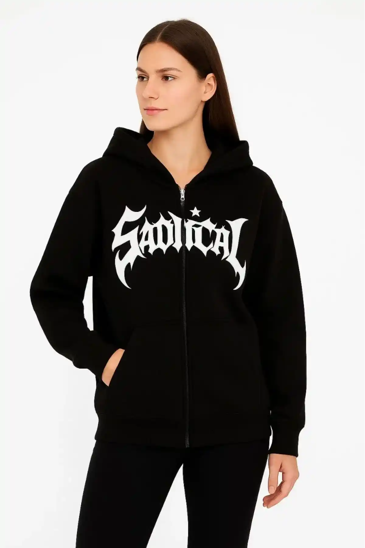 Kadın Kapüşonlu 3 İplik Şardonlu Önü Baskılı Fermuarlı Oversize Sweatshirt - Siyah