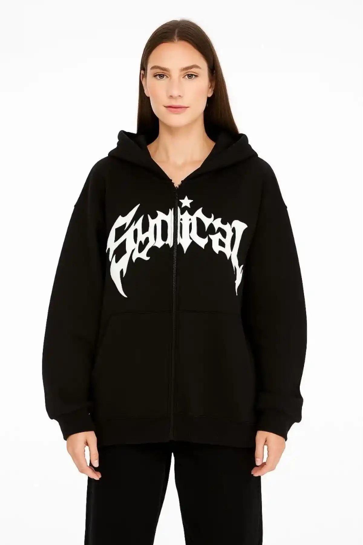 Kadın Kapüşonlu 3 İplik Şardonlu Önü Baskılı Fermuarlı Oversize Sweatshirt - Siyah