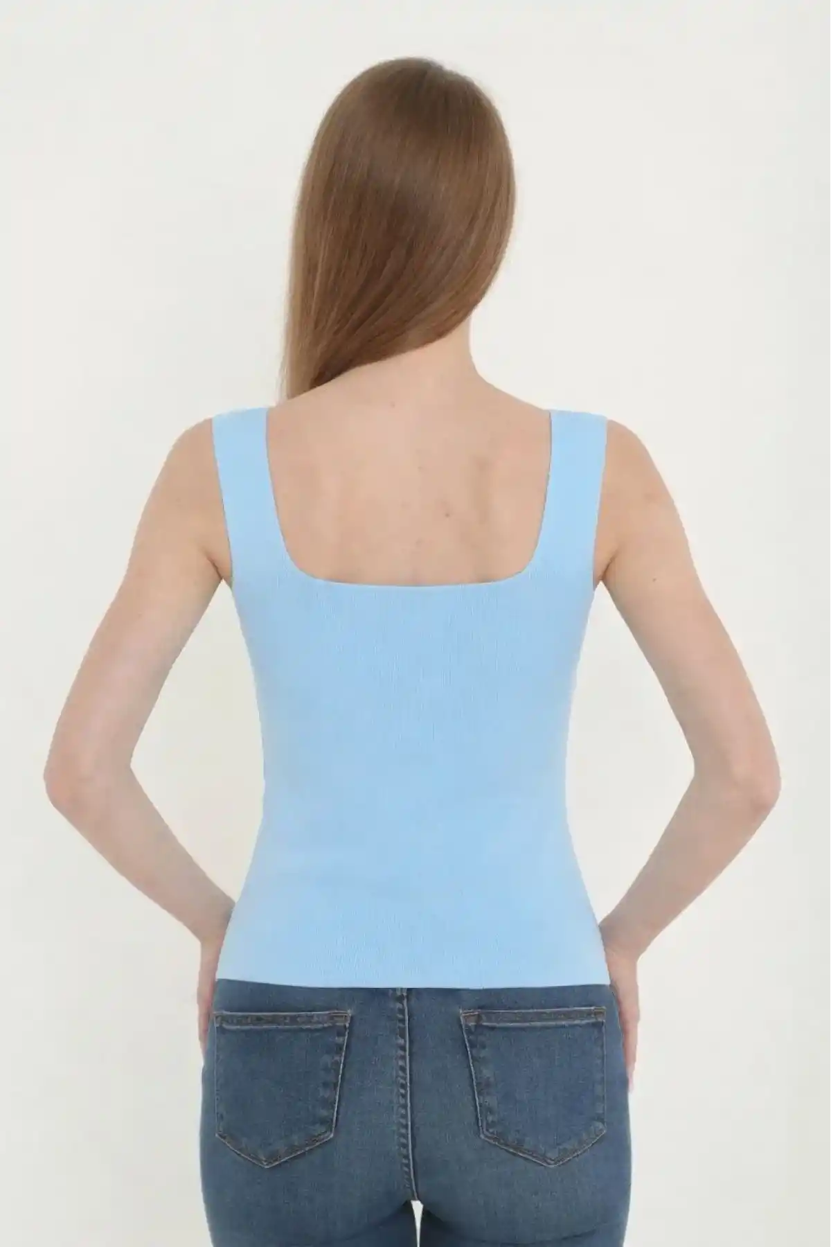 Kadın Kare Yaka Detay Crop - Mavi