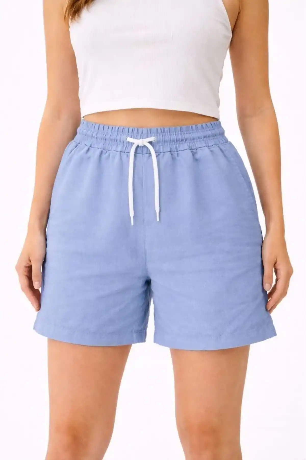 Kadın Keten Kumaş Cepli Rahat Kesim Bel Lastikli Şort - Mavi