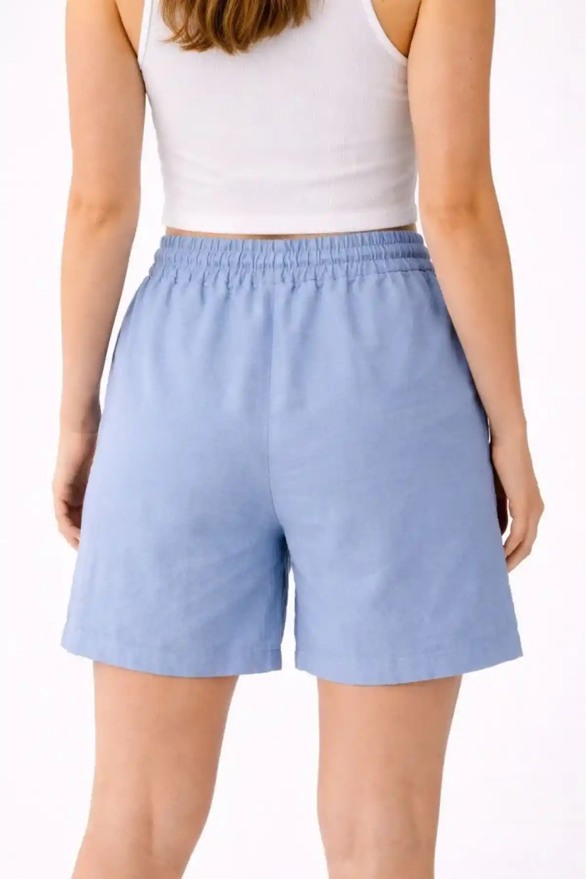 Kadın Keten Kumaş Cepli Rahat Kesim Bel Lastikli Şort - Mavi
