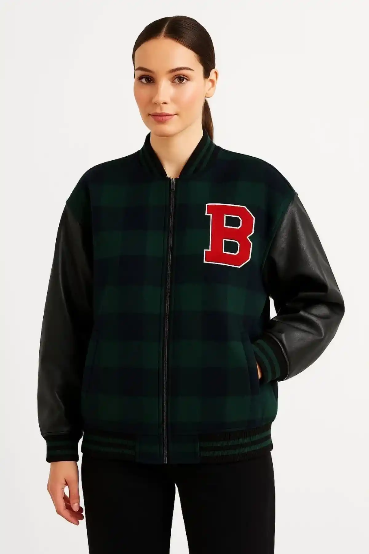 Kadın Kolej Ceket – Kareli Oduncu Kumaş, Kolları Suni Deri, Fermuarlı, İçi Kapitone Astarlı, Nakışlı Oversize Bahar & Kış Stil - Haki