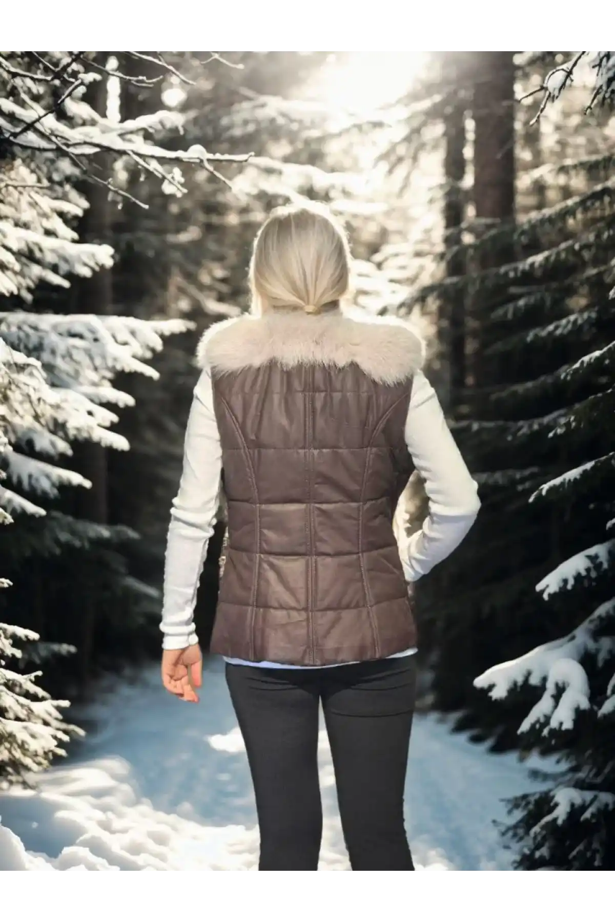 Kadın Kolsuz Fermuarlı Yelek - Kahve