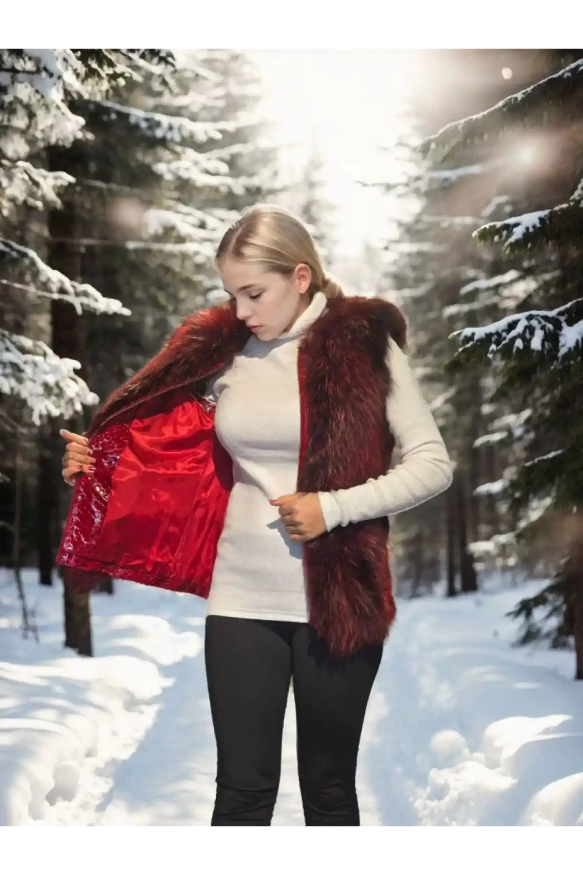 Kadın Kolsuz Fermuarlı Yelek - Kırmızı