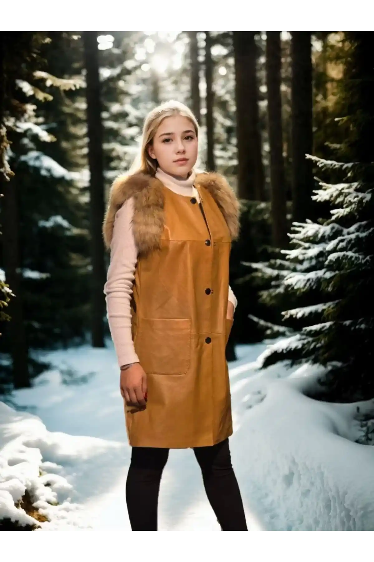 Kadın Kolsuz Hakiki Deri Kürk - Hardal