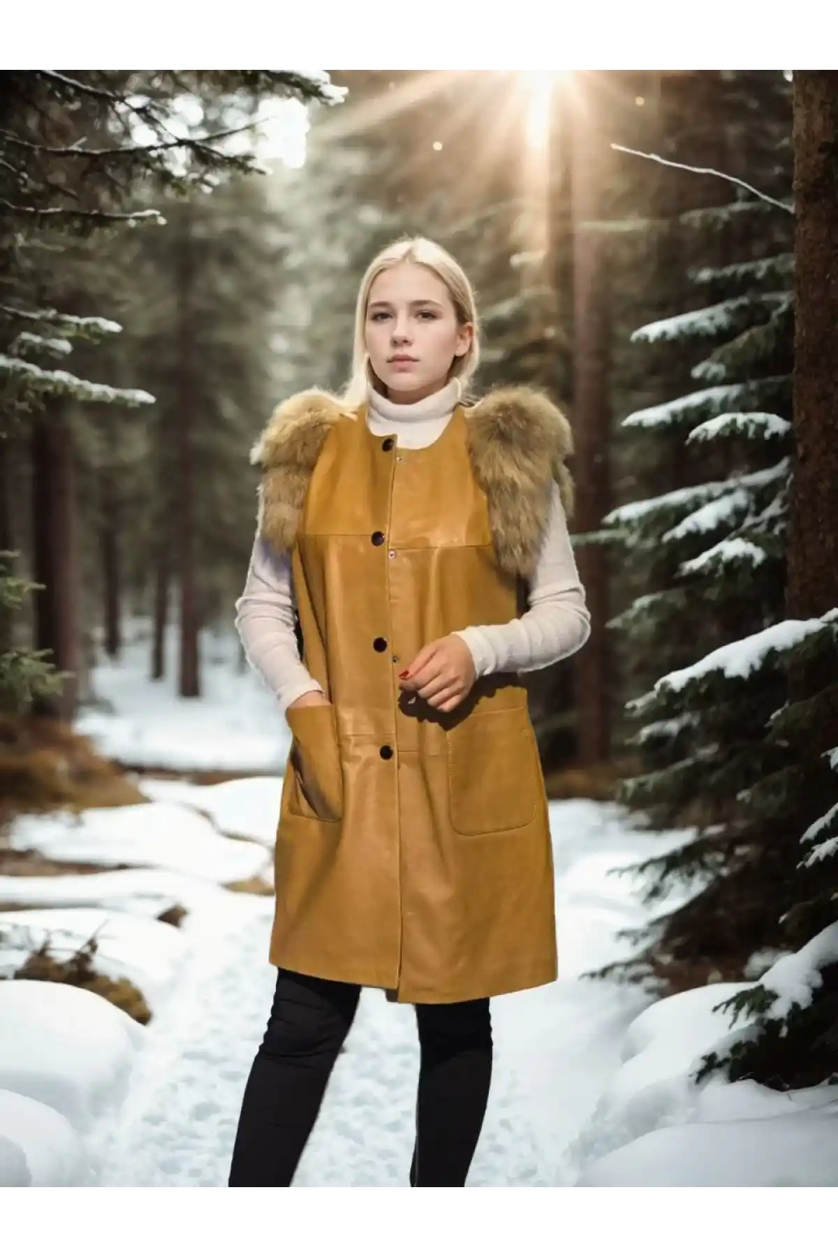 Kadın Kolsuz Hakiki Deri Kürk - Hardal