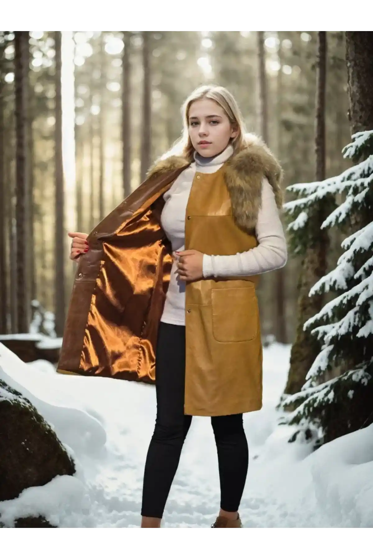 Kadın Kolsuz Hakiki Deri Kürk - Hardal