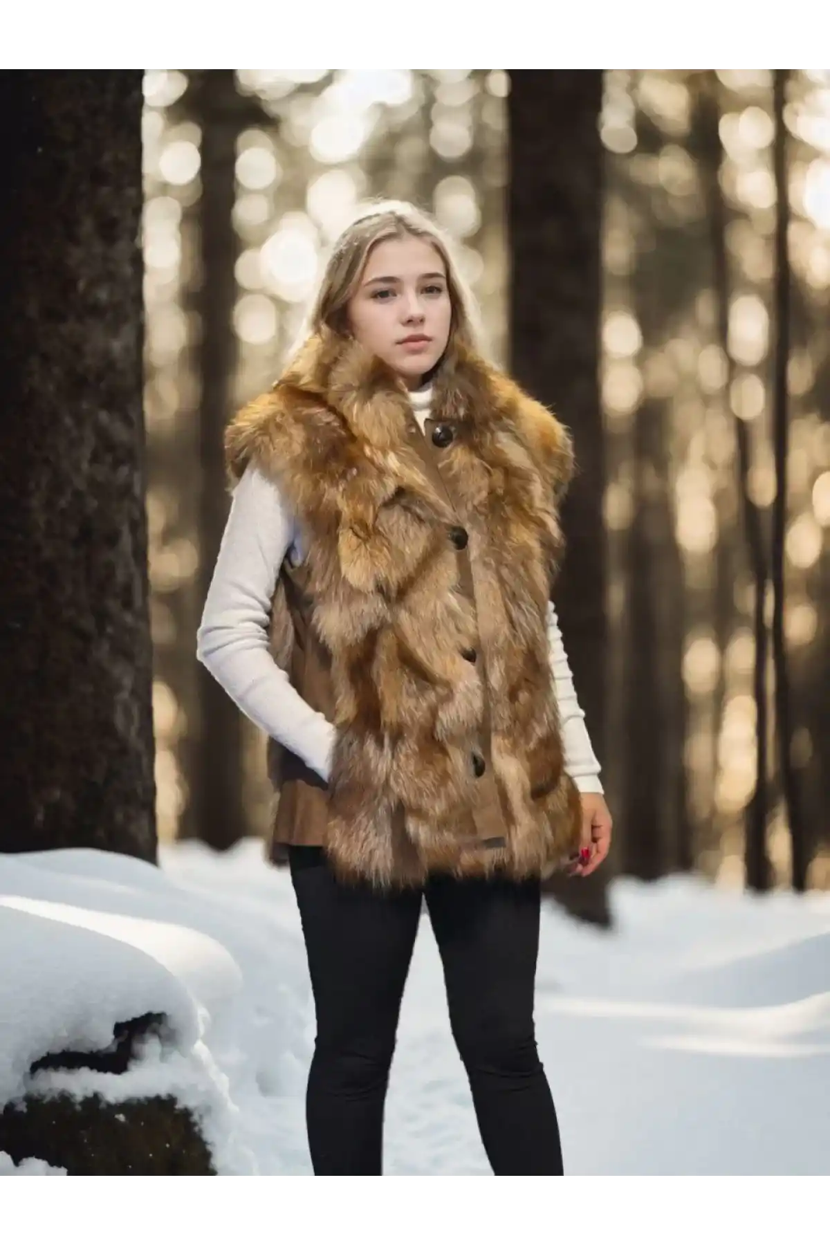 Kadın Kolsuz Hakiki Deri Kürk - Kahve