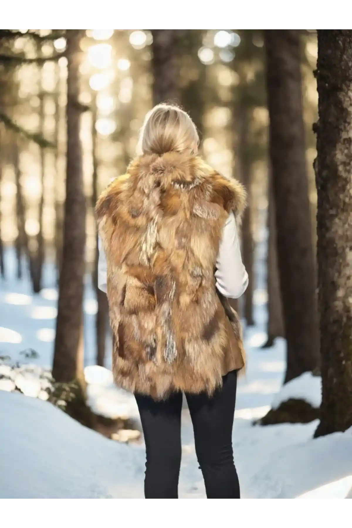 Kadın Kolsuz Hakiki Deri Kürk - Kahve