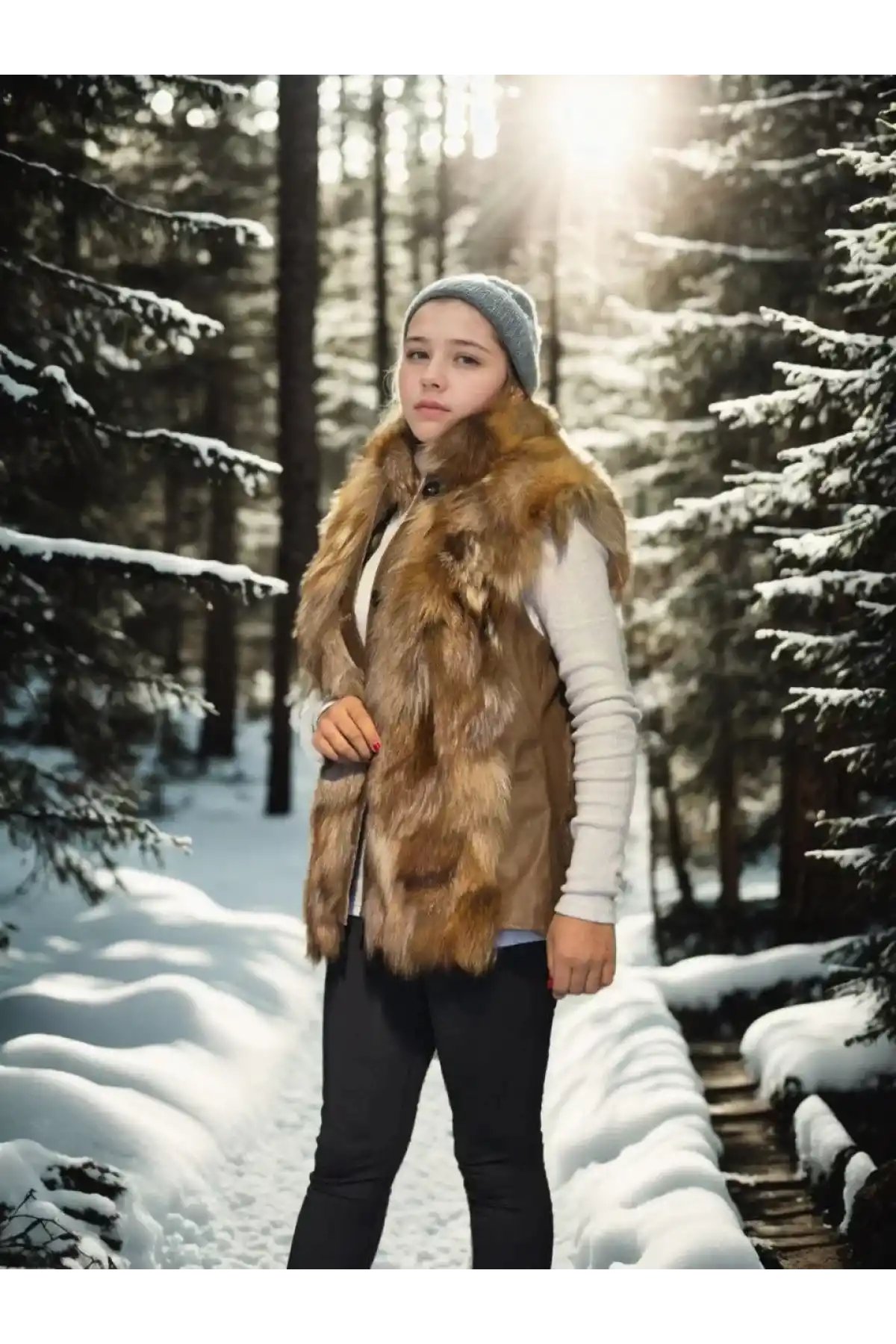 Kadın Kolsuz Hakiki Deri Kürk - Kahve