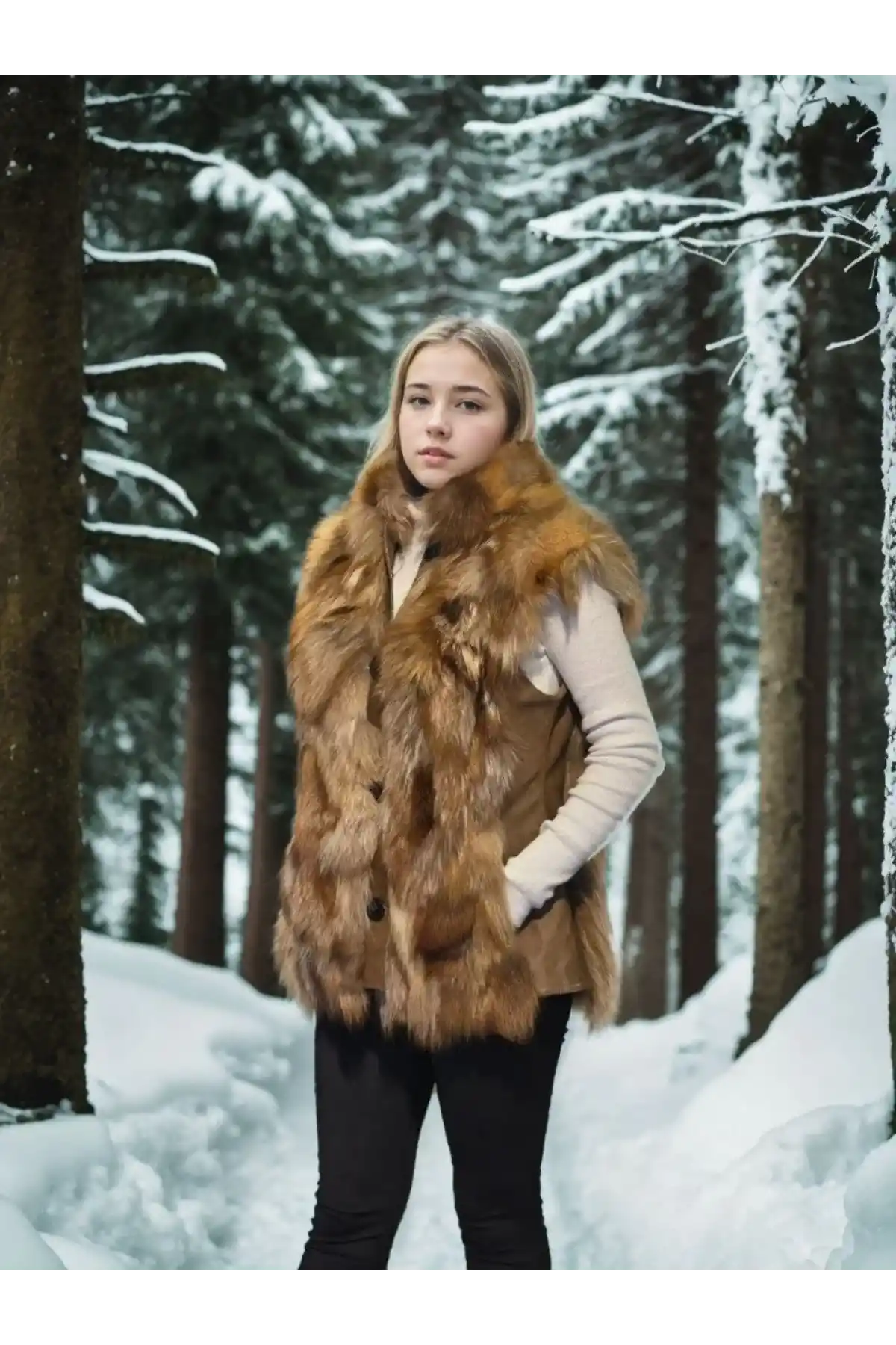 Kadın Kolsuz Hakiki Deri Kürk - Kahve