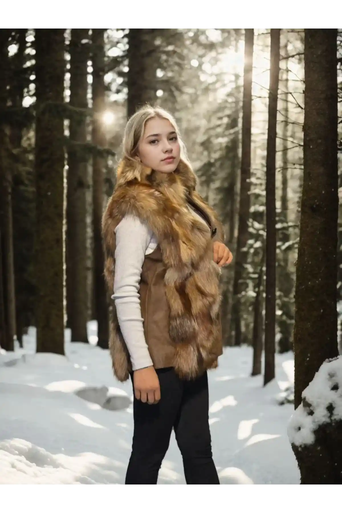 Kadın Kolsuz Hakiki Deri Kürk - Kahve