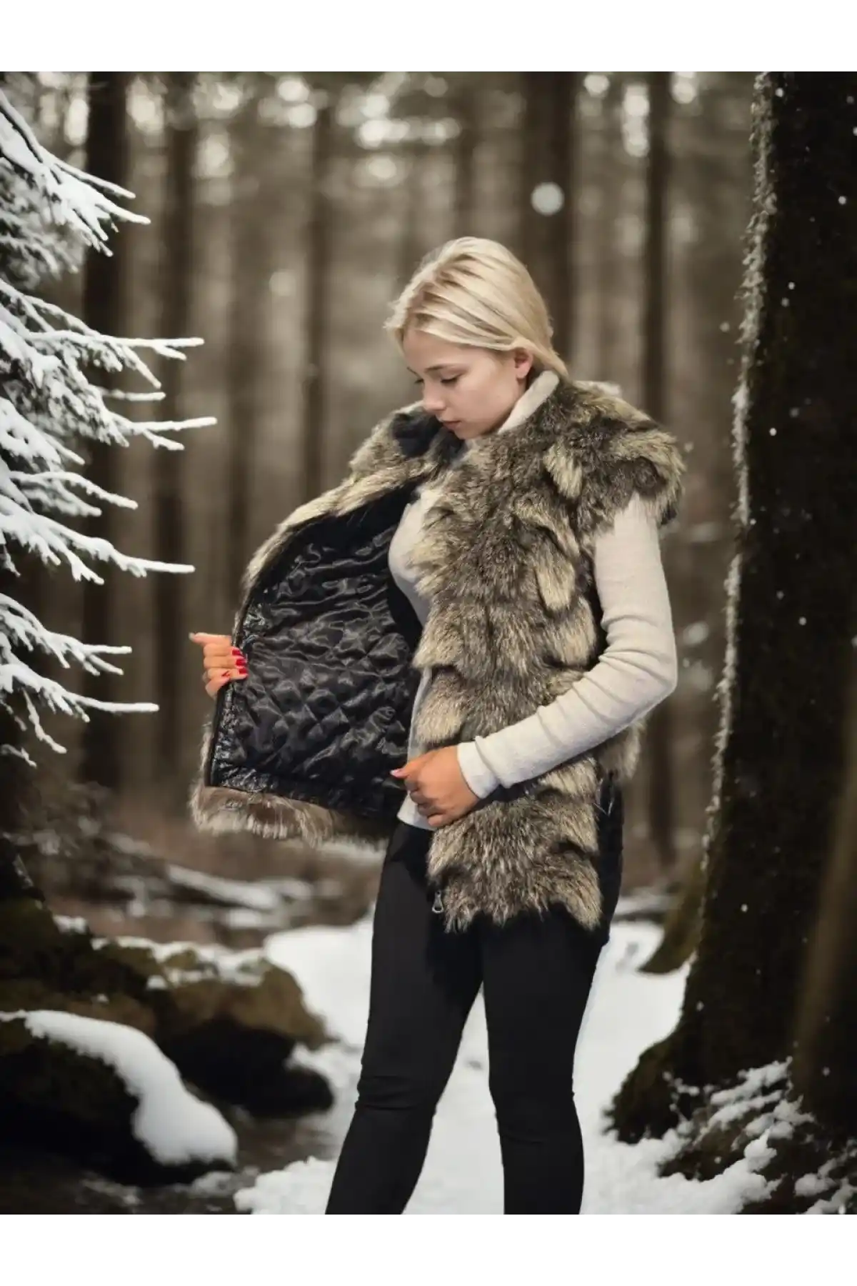 Kadın Kolsuz Hakiki Deri Kürk - Siyah